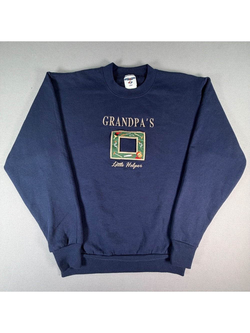 Vintage Jerzees Sweatshirt Mens M Navy Blue Grandpas Little Helper Embroidered